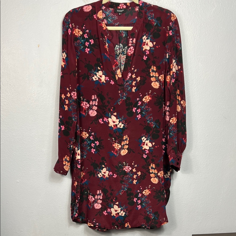 Tolani Silk Maroon Wine Allover Floral Long Sleeve Popover Shirt Dress Medium